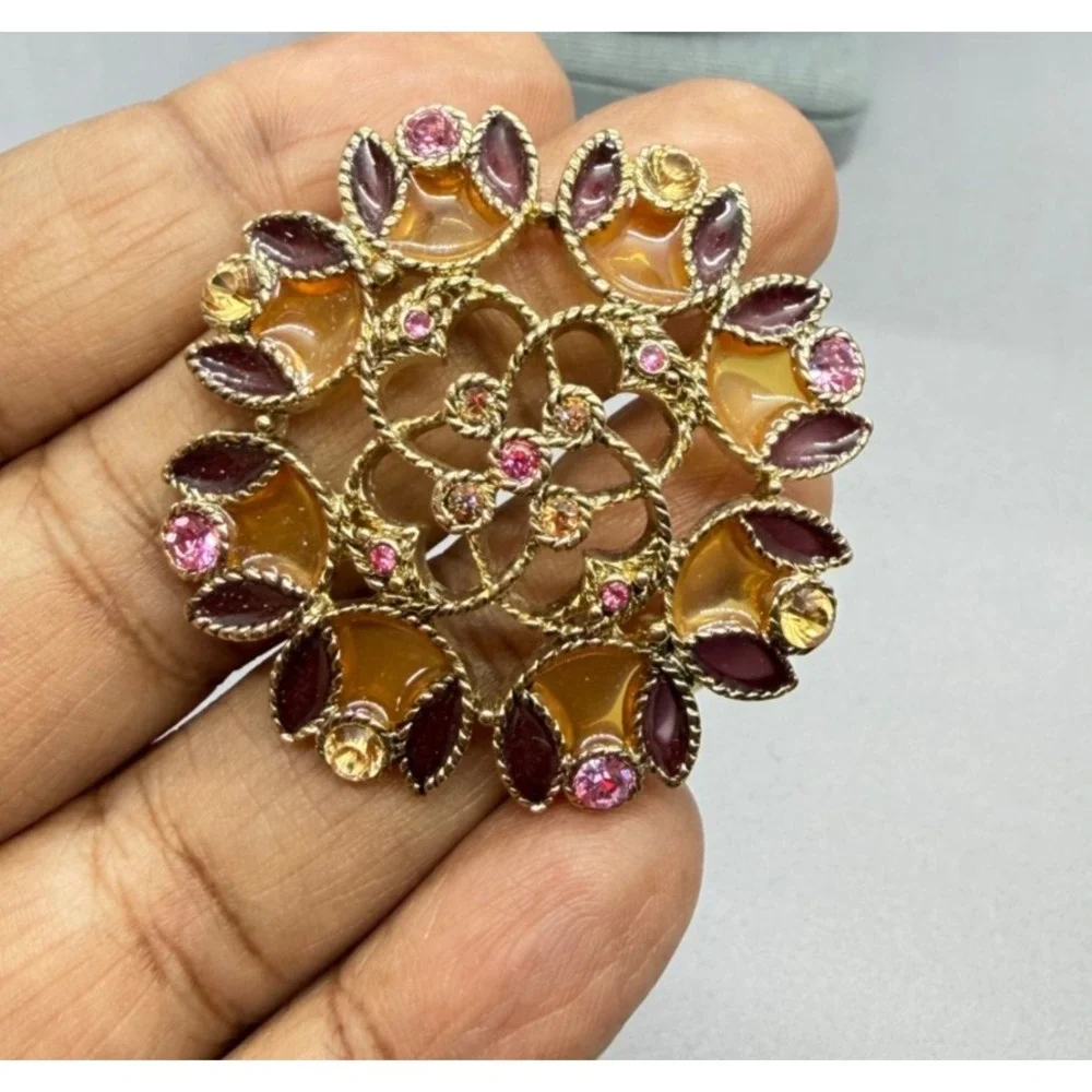 Monet 2 Signed Rhinestone and Enamel Brooch Purple Multi Color Original Box‎ 2